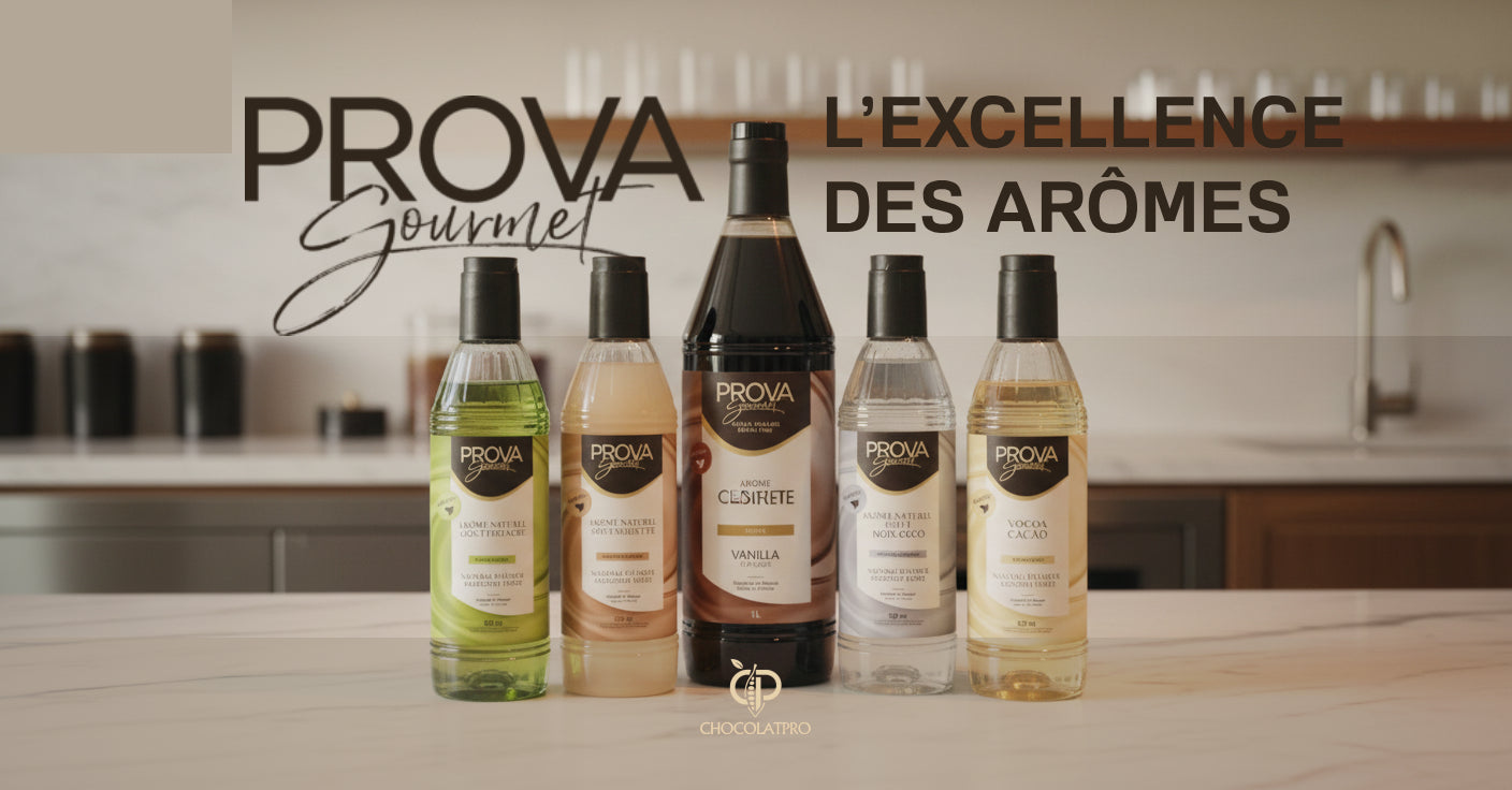 Prova Gourmet flavours bottles on a kitchen counter with branding text.
aromes prova pistache noisette noix de coco cacao vanille chocolatpro.com