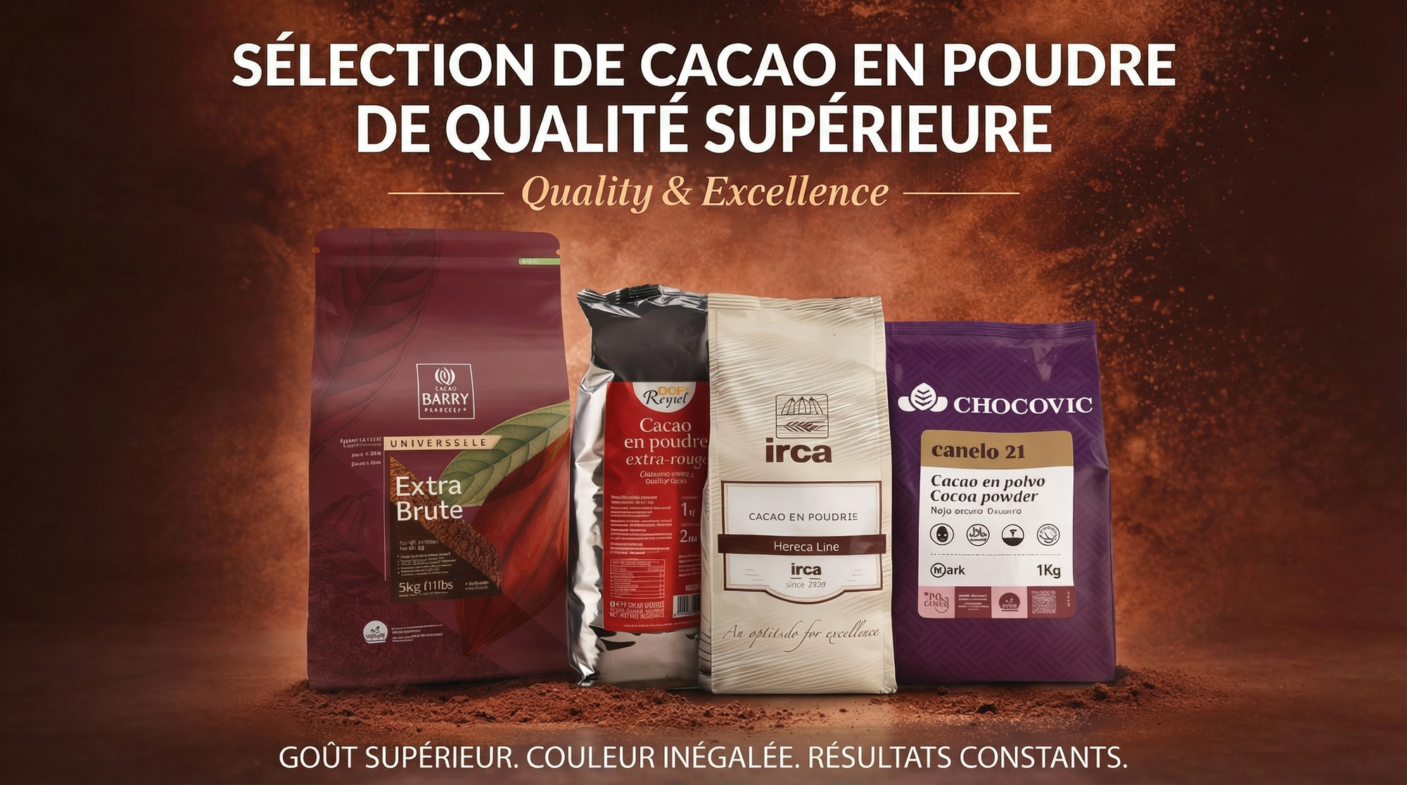 Four cacao powder packages with brand names on a dark brown background.
cacao en poudre barry dgf irca chocovic chocolatpro.com