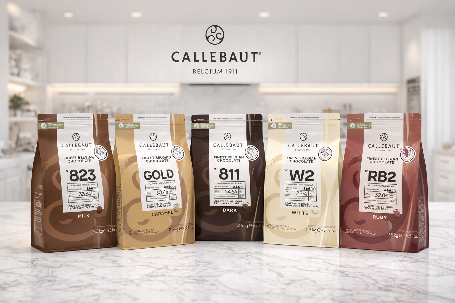 chocolat callebaut finest belgian chocolate banner noir 811, au lait 823 , caramel gold, blanc w2, ruby rb2. chocolatpro.com