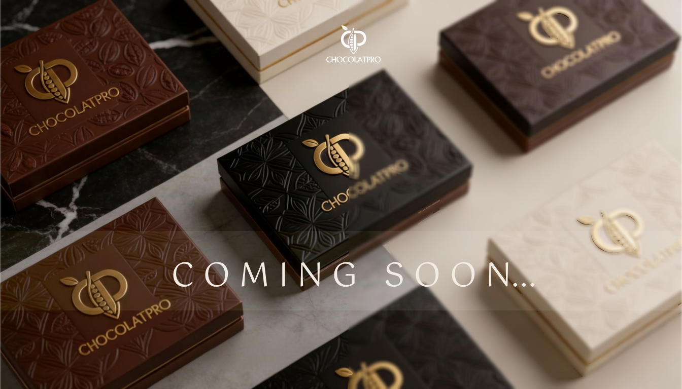 Chocolatier packaging with 'COMING SOON' text on a marble surface
chocolatpro.com