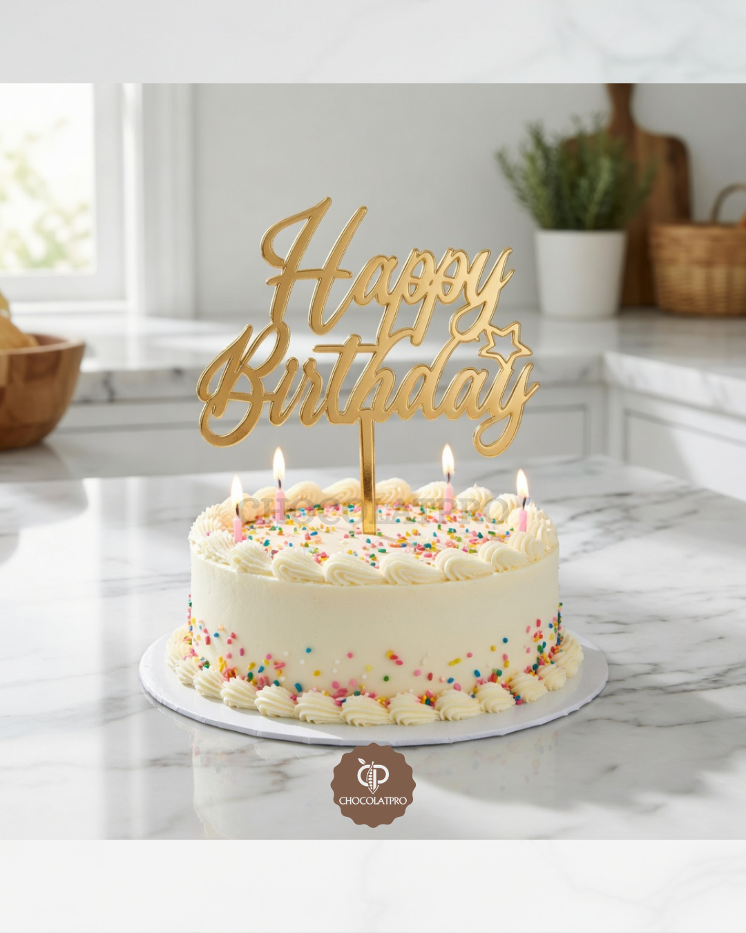 Cake Topper en Acrylique Doré - Happy birthday - star