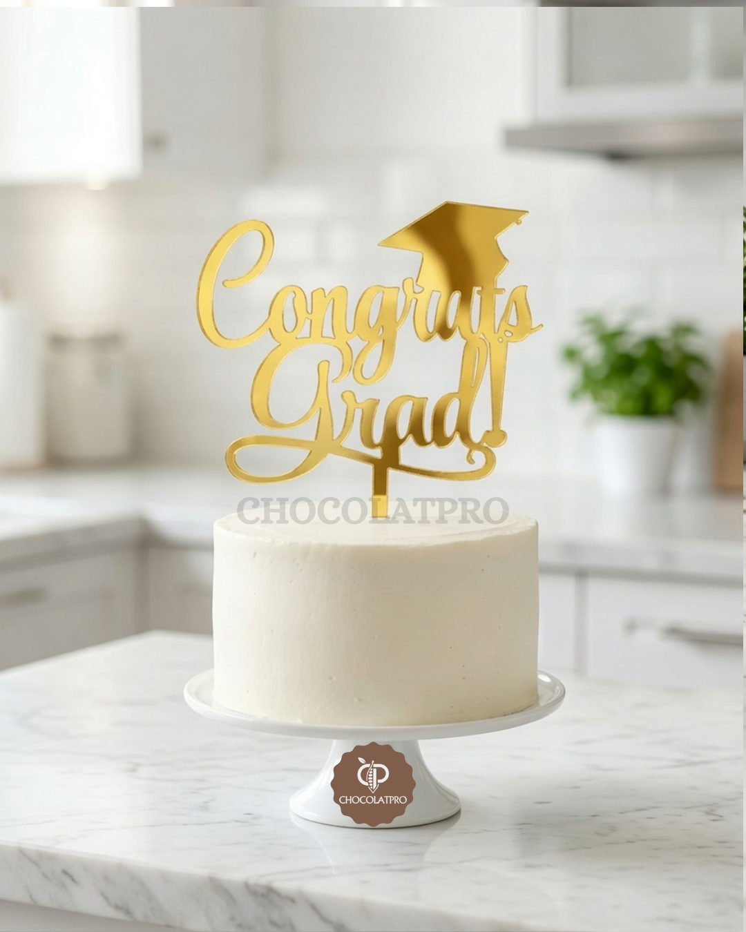 Cake Topper en Acrylique Doré - Graduation- Congrats Grad!