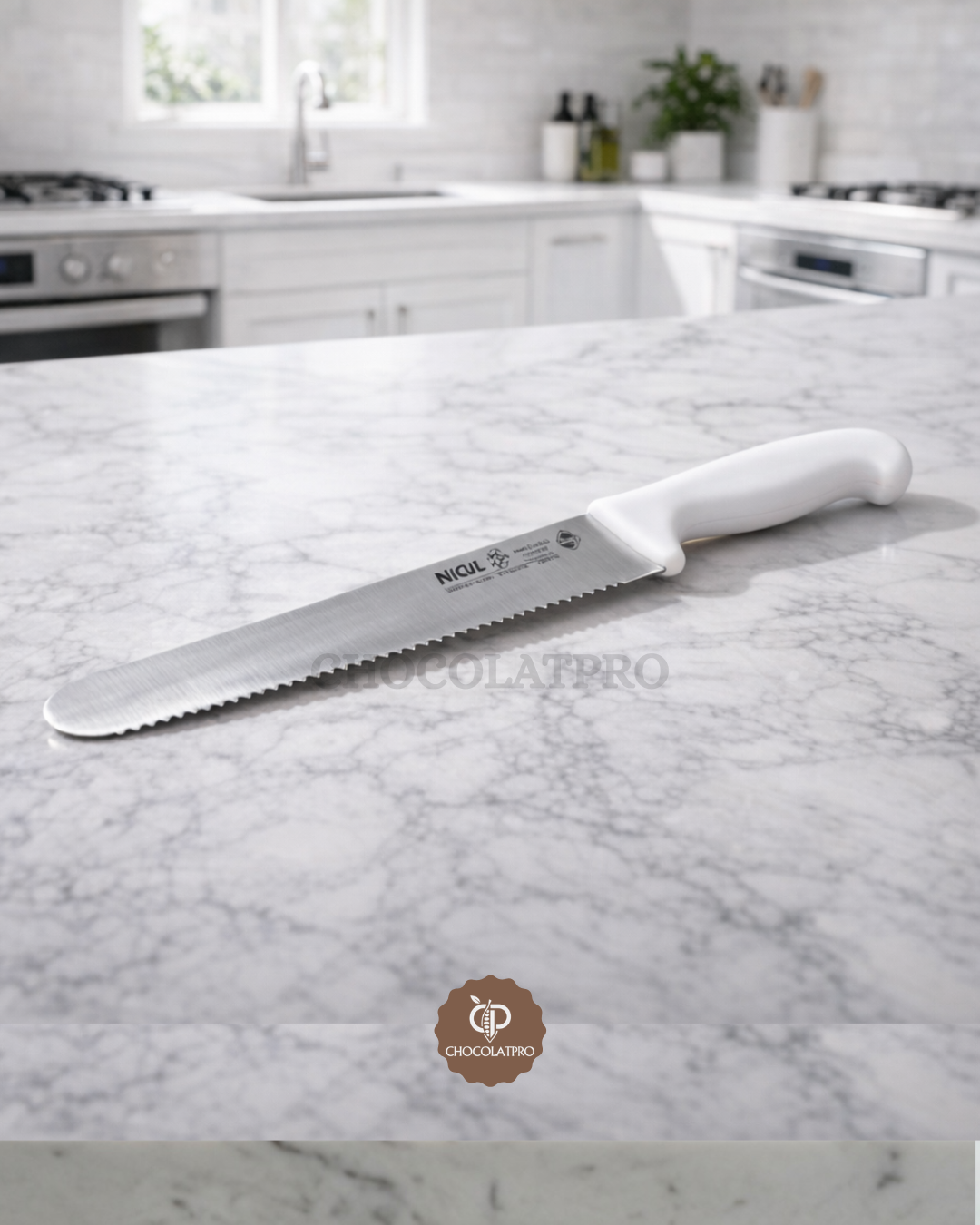 Couteau a pain et patisserie ondule manche blanc 25cm - Nicul