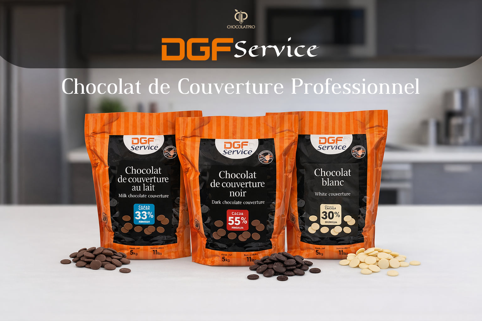 Three bags of DGF Service chocolate with different types of chocolate on a kitchen counter.
chocolatpro.com