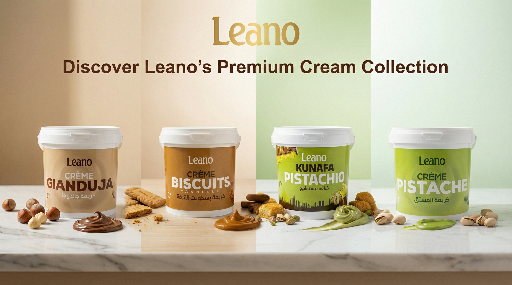 Leano premium cream collection with various flavors on a marble surface.
leano creme gianduja kunafa pistachio pistache bscuits cannelle chocolatpro.com