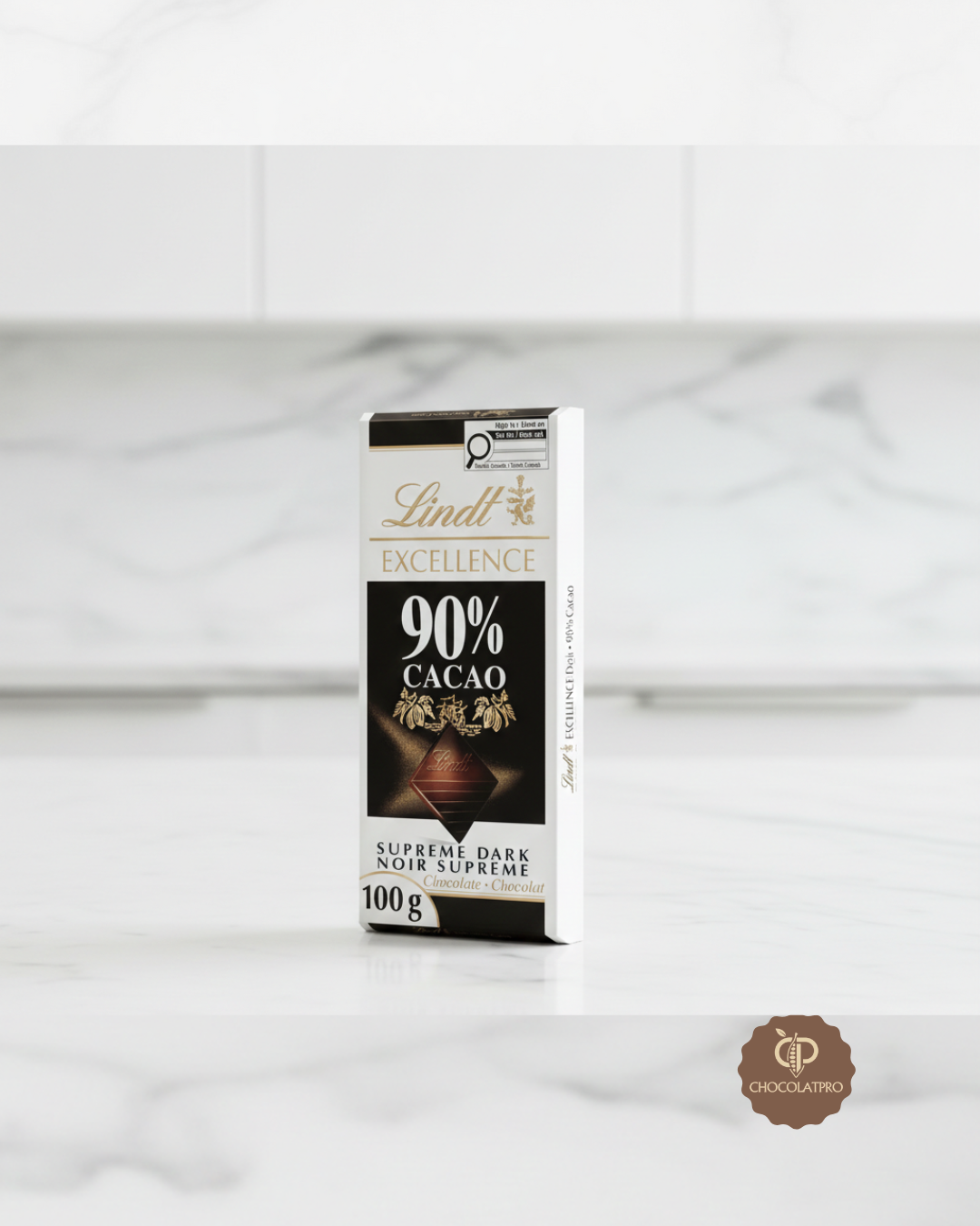 Lindt Excellence 90% Cacao chocolate bar packaging on a marble surface