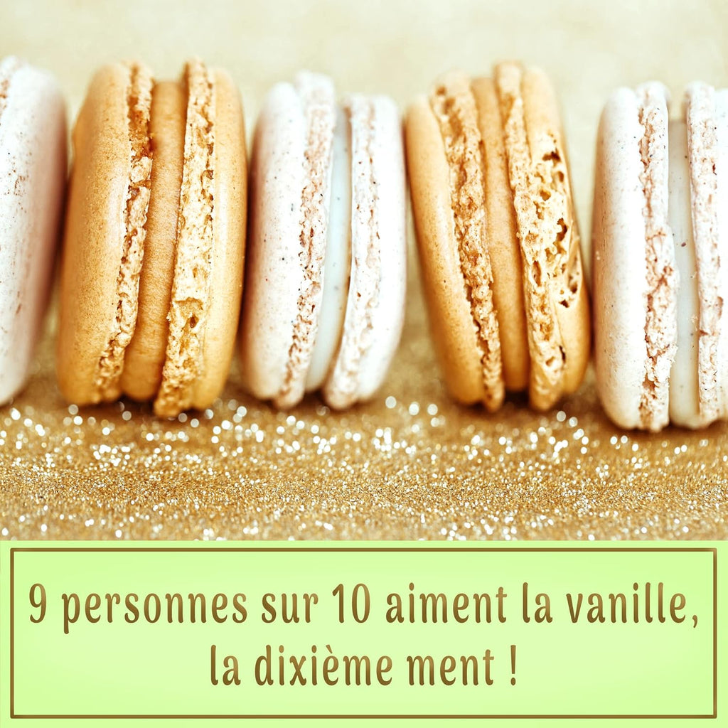 Row of macarons with a text overlay ( 9 personnes sur 10 aiment la vanille, la dixieme ment) on a gold glittery background10 