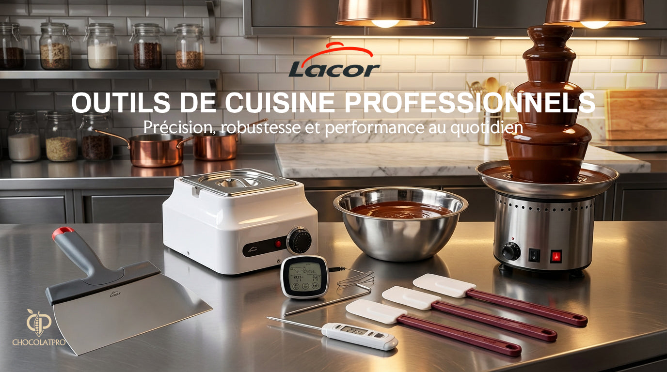 Professional kitchen tools on a counter with Lacor branding in a kitchen setting.
outils materiel de cuisine et chocolat professionnels lacor silikomart 
bain marie fountain spatule thermometre spatule silicone bol conique 
chocolatpro.com