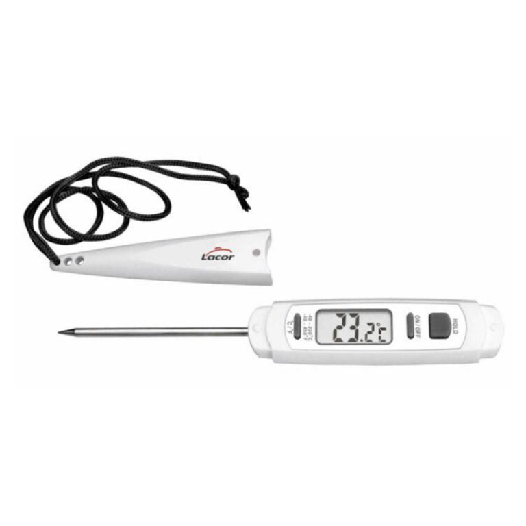 Digital thermometer with a lanyard on a white background
