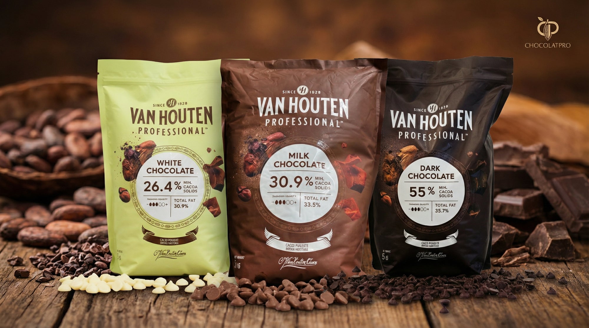 Three Van Houten chocolate bags on a wooden surface with chocolate pieces and beans.
van houten professional chocolats collection chocolatpro.com